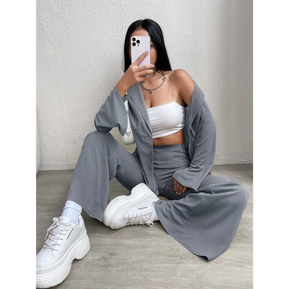 2 piece set suit single Button Blazer & Flare Leg wide leg Pants black - Picture 7 of 8